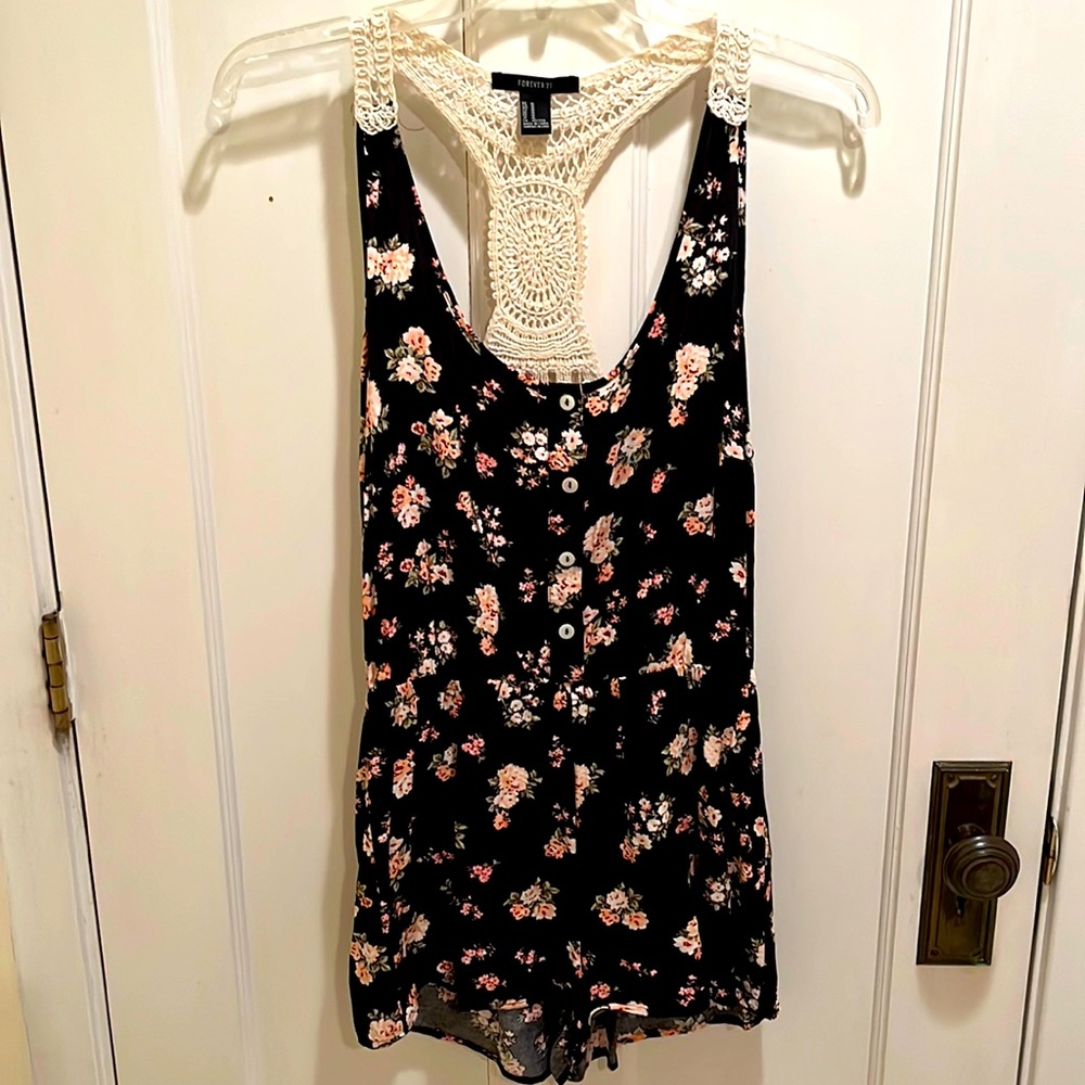 Forever 21 Black Romper With Floral Print and Woven Back Detail